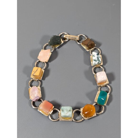 Vintage Stone Tennis Bracelet Agate Quartz Gold Tone 7.5" - Picture 1 of 8